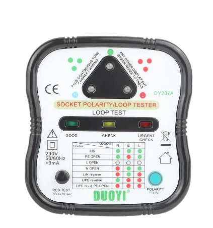 DUOYI DY207A Elektrik prizi test cihazı Otomatik Duvar Fişi Sigorta Bulucu Polarite RCD Testi Faz Kontrolü Döngü Testi Dedektörü İngiltere/ABD